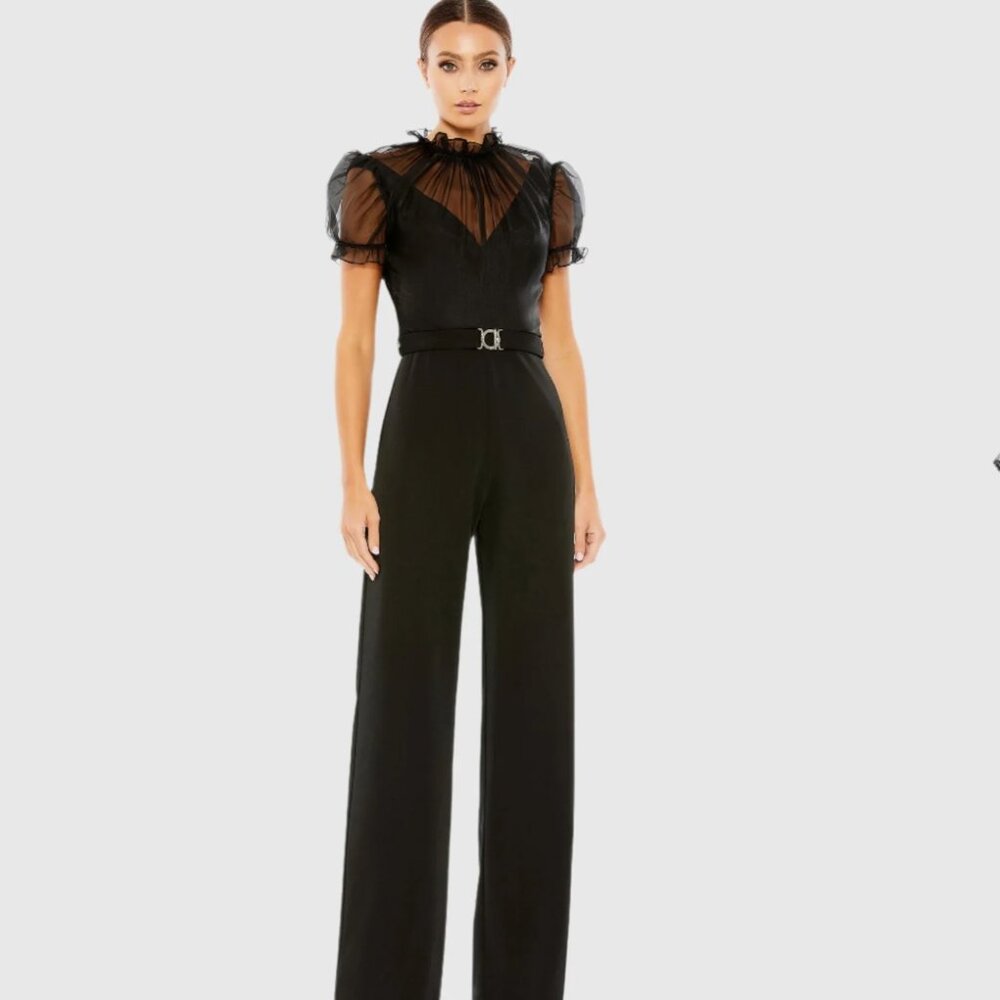 Mac Duggal - Belted Illusion High Neck Cap Sleeve Jumpsuit - Black (size 6)